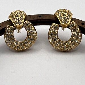 Vintage Roman Signed Earrings Gold & Rhinestone Pave Door Knocker Hoops